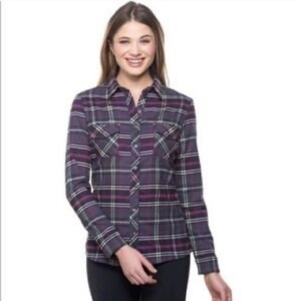 Kuhl Alina Plaid Flannel Button Down Up Purple Gray Depths Women’s Shirt, Small